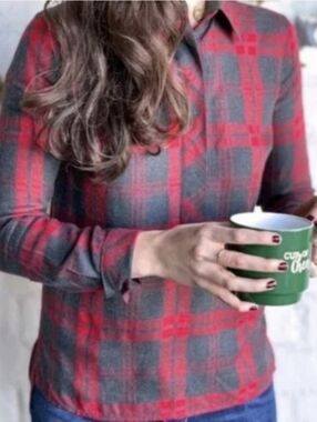 CAbi M Plaid Button Shirt Red Charcoal Gray Cunningham